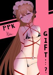  :p absurdres bare_shoulders bikini blush bound breasts brown_eyes collarbone cross cross_earrings earrings female frilled_hairband frills girls&#039;_frontline hairband highres jewelry light_brown_hair long_hair medium_breasts micro_bikini navel ppk_(girls&#039;_frontline) restrained ribbon ribbon_bondage shade skindentation smile solo swimsuit tongue tongue_out very_long_hair xue_shiming 