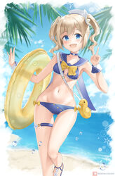  armpits ass_visible_through_thighs bag barbara_(genshin_impact) barbara_(summertime_sparkle)_(genshin_impact) bare_shoulders beach bikini bird blonde_hair blue_bikini blue_eyes blush bow bow_bikini breasts breasts_apart choker collarbone contrapposto day detached_collar duck feet_out_of_frame female genshin_impact groin halterneck handbag hat highres inflatable_toy innertube joko_jmc leg_up lens_flare looking_at_viewer lowleg lowleg_bikini navel o-ring ocean official_alternate_costume open_mouth outdoors palm_tree patreon_logo patreon_username sailor_bikini sailor_collar sailor_hat sandals short_twintails sidelocks sky small_breasts smile solo star_(symbol) swim_ring swimsuit thigh_gap thigh_strap tree twintails v wide_hips wrist_cuffs 