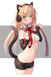  animal_ear_headphones animal_ears bad_id bad_pixiv_id bare_shoulders bike_shorts black_shorts blonde_hair blush bow bowtie breasts cat_ear_headphones cat_tail cleavage closed_mouth commentary cropped_legs detached_sleeves fake_animal_ears female girls&#039;_frontline green_eyes grey_background headphones highres holding holding_ribbon long_hair long_sleeves looking_at_viewer medium_breasts navel neck_ribbon red_bow red_bowtie red_ribbon revealing_clothes revision ribbon shorts sidelocks sleeves_past_wrists solo stomach tail tmp_(girls&#039;_frontline) tsuka two-tone_background very_long_hair white_background 