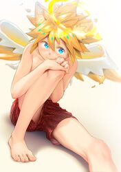  1boy ahonobo bad_id bad_twitter_id barefoot blonde_hair blue_eyes checkered_clothes closed_mouth commentary feet foot_out_of_frame hair_between_eyes halo hands_on_own_knee highres kagamine_len looking_at_viewer male_focus shadow short_hair sitting smile solo toenails toes topless_male underwear vocaloid wings 