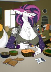  alexandra_reznova anthro bodypaint breasts claws emil-gee female food green_eyes group hair hi_res purple_body purple_hair sergal solo_focus war_paint warpaint white_body 