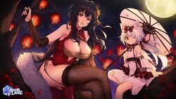  2girls animal_ears arm_warmers azur_lane bare_shoulders black_hair bow breasts brown_thighhighs cat_ears china_dress chinese_clothes cleavage commentary copyright_name crossed_legs detached_sleeves dress feather_boa full_moon garter_straps hair_ornament hairbow highres holding holding_umbrella lantern large_breasts long_hair looking_at_viewer medium_breasts meteor_shower moon multiple_girls nagu night night_sky official_alternate_costume official_art oil-paper_umbrella one_eye_closed paper_lantern parted_lips pelvic_curtain red_bow red_dress red_eyes sitting sky sleeveless sleeveless_dress smile star_(sky) starry_sky taihou_(azur_lane) taihou_(phoenix&#039;s_spring_song)_(azur_lane) thighhighs thighs tree umbrella very_long_hair watermark white_dress white_hair yukikaze_(azur_lane) yukikaze_(winter&#039;s_snowy_wind)_(azur_lane) 