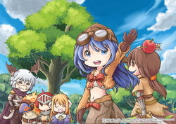  2boys 3girls ahoge animal_ears apple apple_on_head armor arrow_through_apple assassin_(ragnarok_online) bandages bird blonde_hair blue_dress blue_eyes blue_hair blue_sky bow bow_bra bra brown_cape brown_capelet brown_dress brown_eyes brown_gloves brown_hair brown_headwear brown_jacket brown_pants brown_shirt cape capelet cat_ears chainmail closed_eyes closed_mouth cloud commentary_request cowboy_shot dress flat_chest food fruit gauntlets gloves goggles goggles_on_head grin habit holding holding_sword holding_weapon jacket juliet_sleeves knight_(ragnarok_online) long_hair long_sleeves looking_at_viewer mask masquerade_mask midriff multiple_boys multiple_girls navel nun open_mouth outdoors pants pauldrons peco_peco priest_(ragnarok_online) puffy_sleeves ragnarok_online red_apple red_bow red_eyes red_hair round_teeth shirt shiyunako short_hair shoulder_armor shrug_(clothing) sky smile sword swordsman_(ragnarok_online) tabard teeth thief_(ragnarok_online) tree underwear visor_(armor) waving weapon white_bra white_hair 