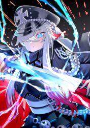  absurdres armor armored_skirt azur_lane bad_id bad_pixiv_id black_coat black_hat blue_eyes breastplate coat coat_on_shoulders female hair_over_one_eye hat highres holding holding_sheath holding_sword holding_weapon long_hair looking_at_viewer magic military_hat multicolored_hair odin_(azur_lane) open_clothes open_coat peaked_cap red_hair sheath solo streaked_hair sword take_yaki two-tone_hair unsheathing upper_body weapon white_hair wing_collar 