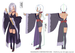  bare_shoulders choker collarbone dark-skinned_female dark_skin dress female from_behind from_side grey_hair halterneck haori highres holding holding_weapon japanese_clothes long_hair low_twintails multiple_views off_shoulder official_art one_eye_covered parted_bangs parted_lips purple_dress red_eyes reference_sheet ribbon_choker sandals short_sword sumaki_shungo sword tantou tenka_hyakken thighhighs torikai_rai_kunitsugu twintails weapon wide_sleeves zouri 