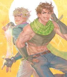  2boys abs bare_shoulders battle_tendency biceps blonde_hair blue_eyes blue_jacket brown_hair bubble caesar_anthonio_zeppeli crop_top denim facial_mark feather_hair_ornament feathers fingerless_gloves gloves green_eyes green_scarf hair_ornament hand_on_own_cheek hand_on_own_face headband homil22 hydrokinesis jacket jeans jojo_no_kimyou_na_bouken joseph_joestar joseph_joestar_(young) korean_commentary male_focus midriff multiple_boys muscular muscular_male pants scarf striped_clothes striped_scarf triangle_print water 