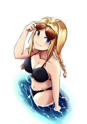  bare_shoulders bikini black_bikini blonde_hair blue_eyes braid collarbone female girls&#039;_frontline highres long_hair navel partially_submerged reizo_ne removing_eyewear serdyukov_(crow_lifeguard)_(girls&#039;_frontline) serdyukov_(girls&#039;_frontline) sidelocks smile solo standing star_(symbol) sunglasses swimsuit 