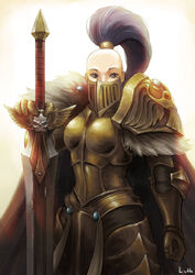  armor artist_name bald bald_girl female gauntlets gold_armor holding holding_sword holding_weapon lutherniel mouth_guard pauldrons ponytail power_armor scar scar_across_eye scar_on_face shoulder_armor sisters_of_silence skull solo sword warhammer_40k weapon 