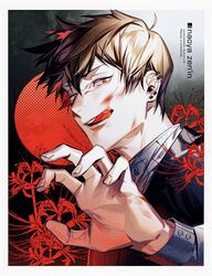  1boy :q black_jacket blonde_hair blood blood_on_face border character_name ear_piercing earrings flower hair_between_eyes hand_up highres jacket jewelry jujutsu_kaisen jyun_xix long_sleeves male_focus open_hand open_mouth piercing red_eyes red_flower shirt short_hair solo tongue tongue_out tsurime upper_body white_border white_shirt zen&#039;in_naoya 