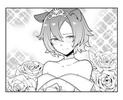  animal_ears bare_shoulders blush border choker closed_mouth collarbone commentary_request diffraction_spikes dress female flower geriyarou greyscale horse_ears horse_girl looking_away looking_to_the_side monochrome off-shoulder_dress off_shoulder rose solo split_mouth sweatdrop t.m._opera_o_(umamusume) tiara umamusume upper_body 