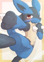  2022 3_fingers action_pose anthro blue_body blue_fur blush chest_spike digital_media_(artwork) featureless_crotch fingers fur generation_4_pokemon grey_body grey_fur hand_spike hi_res kemono looking_at_viewer lucario male male_anthro multicolored_body multicolored_fur nintendo pokemon pokemon_(species) popkage pose red_eyes solo spikes spikes_(anatomy) tan_body tan_fur 