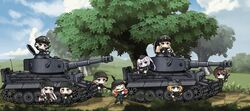  6+girls battle_rifle blonde_hair blue_eyes brown_eyes brown_hair chibi closed_eyes closed_mouth commentary english_commentary fg42 fg42_(girls&#039;_frontline) g43_(girls&#039;_frontline) germany girls&#039;_frontline green_eyes grey_eyes gun handgun hat helmet highres kar98k_(girls&#039;_frontline) korean_commentary long_hair machine_gun mg34_(girls&#039;_frontline) mg42 mg42_(girls&#039;_frontline) military military_hat military_uniform military_vehicle motor_vehicle mp40 mp40_(girls&#039;_frontline) multiple_girls open_mouth outdoors over_shoulder p08_(girls&#039;_frontline) p38_(girls&#039;_frontline) purple_eyes rifle road saru_(style) short_hair stg44_(girls&#039;_frontline) submachine_gun tank the_mad_mimic tiger_i tree uniform walking walther walther_p38 weapon weapon_over_shoulder white_hair world_war_ii 