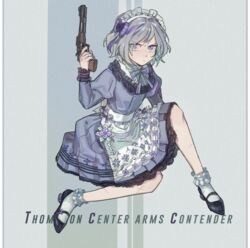  apron bow character_name commentary contender_(flowerful_maid)_(girls&#039;_frontline) contender_(girls&#039;_frontline) cretaceum dress female frilled_dress frilled_socks frills full_body girls&#039;_frontline grey_hair gun hairbow handgun holding holding_gun holding_weapon juliet_sleeves long_sleeves looking_at_viewer maid maid_headdress multicolored_hair official_alternate_costume puffy_sleeves purple_eyes purple_hair short_hair socks solo streaked_hair thompson/center_contender weapon 