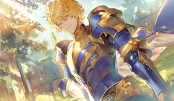  1boy armor bad_id bad_pixiv_id bikkusama blonde_hair breastplate closed_mouth day dutch_angle gawain_(granblue_fantasy) granblue_fantasy green_eyes hair_between_eyes looking_at_viewer male_focus outdoors pauldrons shoulder_armor smile solo sunlight 