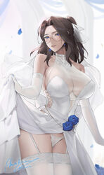  alios_arvin blue_eyes blue_flower breasts bridal_lingerie brown_hair choker clothing_cutout collarbone dress earrings elbow_gloves female flower garter_straps glasses gloves hair_intakes hair_ribbon highres inoue_iris_(sdustz) jewelry large_breasts lingerie long_hair looking_at_viewer mature_female original ponytail ribbon seductive_smile see-through sheer_gloves side_cutout smile solo thick_thighs thighhighs thighs underwear upper_body wedding_dress white_choker white_dress white_gloves white_ribbon white_thighhighs 