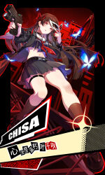  abstract_background absurdres akira_(5888172) black_hair black_jacket black_serafuku black_shirt black_skirt black_socks character_name chisa_(wuthering_waves) commentary_request crop_top female full_body glock gun hair_ribbon handgun highres holding holding_gun holding_mask holding_weapon jacket long_hair mask midriff navel neckerchief parted_lips persona persona_5 red_eyes red_neckerchief red_ribbon ribbon sailor_collar school_uniform serafuku shirt skirt socks solo weapon white_sailor_collar wuthering_waves 
