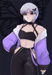  absurdres black_background black_pants breasts bug butterfly butterfly_hair_ornament cleavage closed_mouth clothing_cutout collarbone commentary cowboy_shot english_commentary eyelashes female fingernails green_nails hair_ornament hairclip hand_on_own_hip highres hip_vent jacket long_sleeves midriff mole mole_under_each_eye mole_under_eye multiple_moles nail_polish o3ohi off_shoulder open_clothes open_jacket original pants purple_eyes purple_hair purple_jacket short_hair solo 
