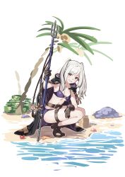  absurdres bare_legs beach belt bikini blush breasts brown_eyes brown_gloves cleavage commentary_request female female_robin_(fire_emblem) female_robin_(seaside_tactician)_(fire_emblem) fire_emblem fire_emblem_awakening fire_emblem_heroes gloves grey_hair highres jewelry long_hair looking_at_viewer medium_breasts navel necklace o-ring o-ring_bikini official_alternate_costume open_mouth palm_tree polearm purple_bikini robe shell smile solo starfish swimsuit tpicm tree trident twintails underboob weapon 