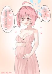  ahoge aji_aji_nori armpit_crease bare_arms bare_shoulders big_belly blue_archive breasts bright_pupils cleavage collarbone commentary_request cowboy_shot dress female gradient_background hair_bun hair_intakes half-closed_eyes heart highres holding_belly kokoro_(blue_archive) large_breasts loving_aura low_neckline maternity_dress mole mole_under_mouth open_mouth pink_background pink_dress pink_eyes pink_hair pregnancy_halo pregnant radial_gradient_background sidelocks smile solo source_quote_parody speech_bubble spoken_heart standing strapless strapless_dress translation_request twitter_username white_pupils 
