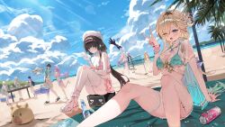  2boys 6+girls abby_(wuthering_waves) absurdres aemeath_(wuthering_waves) alternate_costume aqua_bikini beach beret bikini black_hair blonde_hair blue_sky bottle breasts can chisa_(peach_parfait)_(wuthering_waves) chisa_(wuthering_waves) commentary_request day denia_(wuthering_waves) drink_can flower fruit_earrings hair_flower hair_ornament hairband hat highres hiyuki_(wuthering_waves) knees_up large_breasts long_hair looking_at_viewer lucilla_(wuthering_waves) luuk_herssen_(wuthering_waves) lynae_(peppermint)_(wuthering_waves) lynae_(wuthering_waves) male_rover_(wuthering_waves) multiple_boys multiple_girls namipon_(wuthering_waves) nivora_(wuthering_waves) official_alternate_costume one_eye_closed open_mouth outdoors pink_bikini pink_eyes plaid_bikini plaid_clothes purple_eyes revision rover_(wuthering_waves) see-through_clothes see-through_shirt shirt shorts sigrika_(wuthering_waves) sitting sky smile sonchi swimsuit tacet_mark_(wuthering_waves) v white_flower white_hairband white_hat white_shirt wuthering_waves 