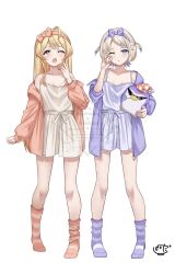  2girls alternate_costume banpen_(todoroki_hajime) blonde_hair commentary hairband highres hololive hololive_dev_is jacket long_hair looking_at_viewer multicolored_hair multiple_girls nail_polish off_shoulder one_eye_closed open_mouth otonose_kanade pink_hairband pink_jacket pink_socks purple_eyes purple_hair purple_hairband purple_jacket purple_nails purple_socks red_eyes short_hair signature simple_background sleepwear socks streaked_hair striped_clothes striped_socks todoroki_hajime two_side_up untranslatable_commentary virtual_youtuber watermark white_background yawning yoshidadon 