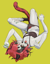  absurdres animal_ears antennae arthropod_girl arthropod_limbs beastiez beri_(beribug) black_bra black_hair black_panties blush bra cat_ears cat_lingerie cat_tail cleavage_cutout clothing_cutout colored_sclera colored_skin double_bun extra_arms fangs female flat_chest green_eyes green_nails grey_sclera grey_skin hair_between_eyes hair_bun highres ladybug_girl looking_at_viewer messy_hair monster_girl multicolored_eyes multicolored_hair open_mouth panties red_eyes red_hair sedua_weynn solo tail thighs underwear virtual_youtuber yellow_background 