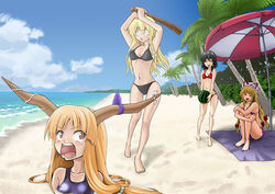  4girls bad_id bad_pixiv_id barefoot beach bikini blindfold buried food fruit hakurei_reimu ibuki_suika katoryu_gotoku kirisame_marisa legs multiple_girls parody photoshop_(medium) pun school_swimsuit suikawari swimsuit through_ground touhou watermelon yakumo_yukari 