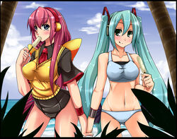  2girls aqua_hair bad_id bad_pixiv_id bikini bikini_under_clothes black_one-piece_swimsuit blue_eyes collared_one-piece_swimsuit food green_eyes groin hatsune_miku holding_hands interlocked_fingers long_hair megurine_luka midriff multiple_girls necktie no_pants one-piece_swimsuit pako_(moto_paco) popsicle red_necktie school_swimsuit shirt short_sleeves sleeved_one-piece_swimsuit sweater_vest swimsuit swimsuit_under_clothes tank_top taut_clothes taut_shirt twintails vocaloid wristband 