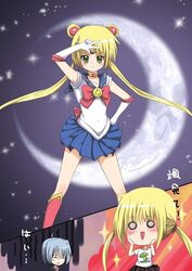  1boy ayasaki_hayate back_bow bad_id bad_pixiv_id bishoujo_senshi_sailor_moon blonde_hair blue_hair blue_sailor_collar blue_skirt blush boots bow cosplay crescent_moon female green_eyes hayate_no_gotoku! imagining knee_boots long_hair magical_girl moon photoshop_(medium) red_bow sailor_collar sailor_moon sailor_moon_(cosplay) sailor_moon_pose sailor_senshi_uniform sanzen&#039;in_nagi skirt twintails zhao_shuwen 