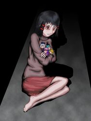  bad_anatomy barefoot black_hair character_doll cirno cirnokun commentary dark doll female hakurei_reimu hikikomori jpeg_artifacts moriya_suwako patchouli_knowledge photoshop_(medium) red_eyes solo sweater tears touhou yagokoro_eirin 