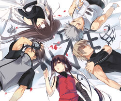  4boys arm_up bandage_over_one_eye bandages bare_shoulders black_hair bridal_gauntlets brother_and_sister brown_eyes circle_formation closed_eyes commentary_request crop_top detached_sleeves elbow_gloves female fingerless_gloves from_above fuuchouin_kazuki getbackers glasses gloves grey_hair hair_between_eyes hair_spread_out hair_tubes hand_on_own_chest hand_on_own_head hand_on_own_shoulder hand_on_own_stomach headband hirai_chika kakei_juubei kakei_sakura lace long_hair looking_at_viewer looking_away lying multiple_boys muscular on_back otoko_no_ko petals ponytail short_hair siblings spiked_hair strap toufuuin_saizou turtleneck upper_body uryuu_toshiki very_long_hair 