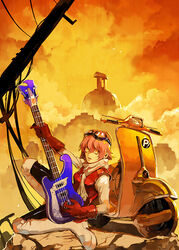  bad_id bad_pixiv_id female flcl gloves goggles goggles_on_head guitar haruhara_haruko instrument khj motor_vehicle photoshop_(medium) pink_hair scarf scooter short_hair solo vespa yellow_eyes 