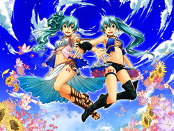  2girls aqua_eyes aqua_hair boots cloud commentary_request day dual_persona final_fantasy final_fantasy_x final_fantasy_x-2 flower gladiator_sandals hatsune_miku highres jewelry jumping junji knee_boots legs long_hair macross macross_frontier midriff multiple_girls navel necklace parody sandals side_ponytail skirt sky smile sunflower vocaloid 