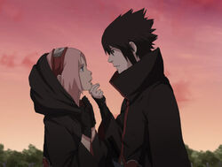  1boy bad_deviantart_id bad_id black_eyes black_hair cloud couple danzilla fake_screenshot female forehead_protector gloves grabbing_another&#039;s_chin green_eyes hand_on_another&#039;s_chin hood naruto naruto_(series) pink_hair sakura_haruno sky straight uchiha_sasuke 