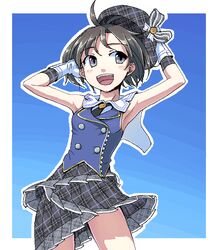  armpits black_eyes black_hair commentary_request female gloves hakkaku_shikimi hat idolmaster idolmaster_(classic) idolmaster_2 kikuchi_makoto oekaki plaid schoolish_girl_(idolmaster) solo 