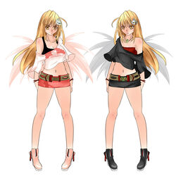  2girls alternate_costume aoshima belt blonde_hair boots bracelet breasts cleavage commentary_request contemporary dual_persona gundam gym_ghingnham hair_ornament hairclip high_heels highres jewelry legs lily_black lily_white long_hair long_legs medium_breasts microskirt midriff miniskirt multiple_girls navel necklace shoes skirt thighs touhou turn_a_gundam turn_a_gundam_(mobile_suit) turn_x wings yellow_eyes 