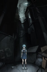  alley ayanami_rei black_socks blue_hair building commentary_request dark female fenrir_(buzhidaoshishuei) highres lamppost neon_genesis_evangelion photoshop_(medium) red_eyes school_uniform shoes short_hair socks solo standing 