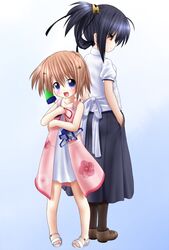  2girls ao_uribou arizuki_shiina bad_id bad_pixiv_id black_hair blue_eyes brown_eyes brown_hair himuro_yuuki kud_wafter little_busters! long_hair multiple_girls ponytail quad_tails rocket sandals 