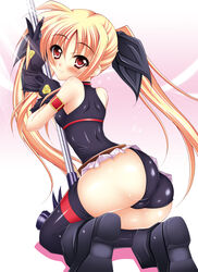  absurdres armband ass bardiche_(nanoha) belt blonde_hair blush boots commentary_request fate_testarossa female fukunaga_yukito highres long_hair lyrical_nanoha mahou_shoujo_lyrical_nanoha red_eyes solo thighhighs trefoil twintails very_long_hair 