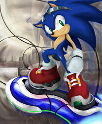  1boy blue_star_(sonic_riders:_zero_gravity) commentary_request gloves green_eyes hoverboard male_focus shoppaaaa smile solo sonic_(series) sonic_riders sonic_riders:_zero_gravity sonic_the_hedgehog sunglasses white_gloves 