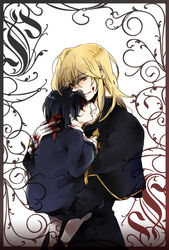  2boys aged_down bad_id bad_pixiv_id black_hair blonde_hair blood brothers capelet carrying closed_eyes earrings formal frills gathers gilbert_nightray gloves heterochromia jewelry long_hair male_focus multiple_boys pandora_hearts photoshop_(medium) red_eyes ruru_(yuzu812) siblings vincent_nightray yellow_eyes 