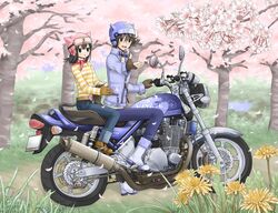  1boy animal_ears belt black_eyes black_hair boots brother_and_sister brown_eyes brown_hair cat_ears cat_tail cherry_blossoms collar commentary_request dandelion denim dog_ears dog_tail fangs female fingerless_gloves floral_print flower gloves goggles helmet highres jeans kanzaki_hayato kanzaki_miku kuroinu motor_vehicle motorcycle original outdoors pants petals pink_flower siblings spring_(season) striped tail tree visor yellow_flower zipper 