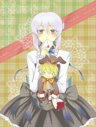  animal_ears blonde_hair blush character_doll commentary_request doll dress echo_(pandora_hearts) female flower formal grey_eyes hat jozechiri letter mini_hat mini_top_hat oz_vessalius pandora_hearts rabbit_ears ribbon rose short_hair solo top_hat white_hair 