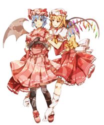  2girls azya bad_id bad_pixiv_id blonde_hair blue_hair flandre_scarlet gloves hat highres multiple_girls remilia_scarlet ribbon short_hair siblings sisters thighhighs touhou wings 