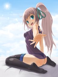  :d aqua_eyes arched_back arm_support ass black_thighhighs blush collar commentary_request female foreshortening hair_ribbon highres legs long_hair long_legs looking_back no_shoes open_mouth original outstretched_arm outstretched_hand panties ponytail reaching ribbon see-through sitting ska sky smile solo sun thighhighs thighs thong underwear wariza 