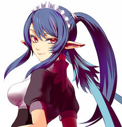  blue_hair breasts commentary_request elf eyelashes female ichihashi_makoto impossible_clothes impossible_shirt judith_(glamorous_maid)_(tales) judith_(tales) large_breasts maid maid_headdress official_alternate_costume pointy_ears ponytail red_eyes shirt solo tales_of_(series) tales_of_vesperia white_background 