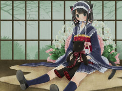  animal_ears bell black_eyes black_hair black_socks bonnet bow cat_ears cat_tail commentary_request cyberdia female flower hair_bobbles hair_ornament kanzaki_miku kneehighs kuroinu leaf loafers obi orchid original paw_print pillow plaid plant ribbon rug sash shoe_soles shoes sitting skirt socks solo stuffed_animal stuffed_toy tail teddy_bear white_flower window 