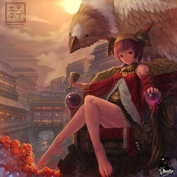  aner_(qqan00) architecture barefoot chinese_text cityscape commentary_request cup dragon_nest east_asian_architecture feet female flower griffin hat highres jewelry legs photoshop_(medium) red_eyes river rose short_hair sitting solo throne 