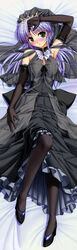  absurdres bed_sheet bekkankou blush bridal_veil bride crown dakimakura_(medium) dark_bride dress elbow_gloves feena_fam_earthlight female full_body gloves goth_fashion gothic_lolita green_eyes highres lolita_fashion long_hair lying on_back purple_hair shoes solo thighhighs veil wedding_dress yoake_mae_yori_ruri_iro_na 