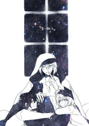  3boys aged_down bad_id bad_pixiv_id blush book cloak closed_eyes finger_to_mouth gilbert_nightray hair_between_eyes happy jack_vessalius lying_on_lap male_focus monochrome multiple_boys open_collar open_mouth pandora_hearts partially_colored photoshop_(medium) pillow ruru_(yuzu812) short_hair smile space vincent_nightray window 